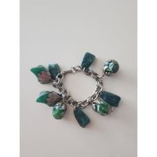 1950s Vintage 8 Charm Bracelet Marbeled Green Charms Filigree End Caps. 7 Inch