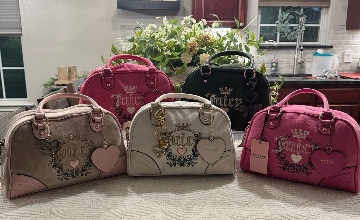 Juicy Couture Heritage Bowlers with bag charms bundle.