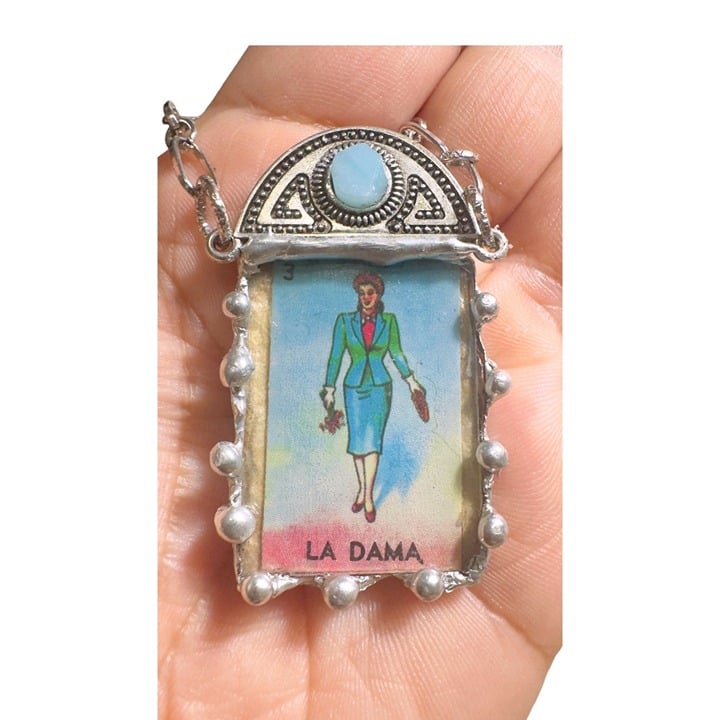 Mixed Media Necklace La Loteria “ La Dama” Artisan Metalwork & Turquoise Skulls