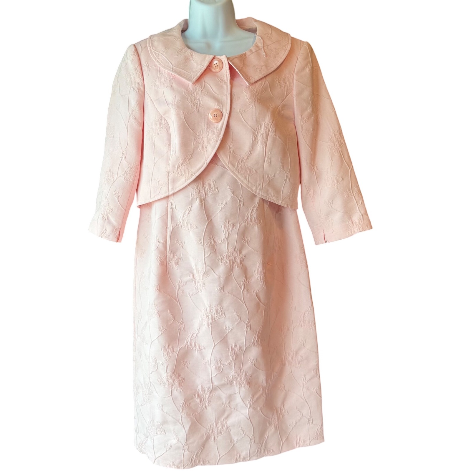 TALBOTS Two Piece Dress Jacket Suit Set Jacquard Floral Petal Pink Size 12
