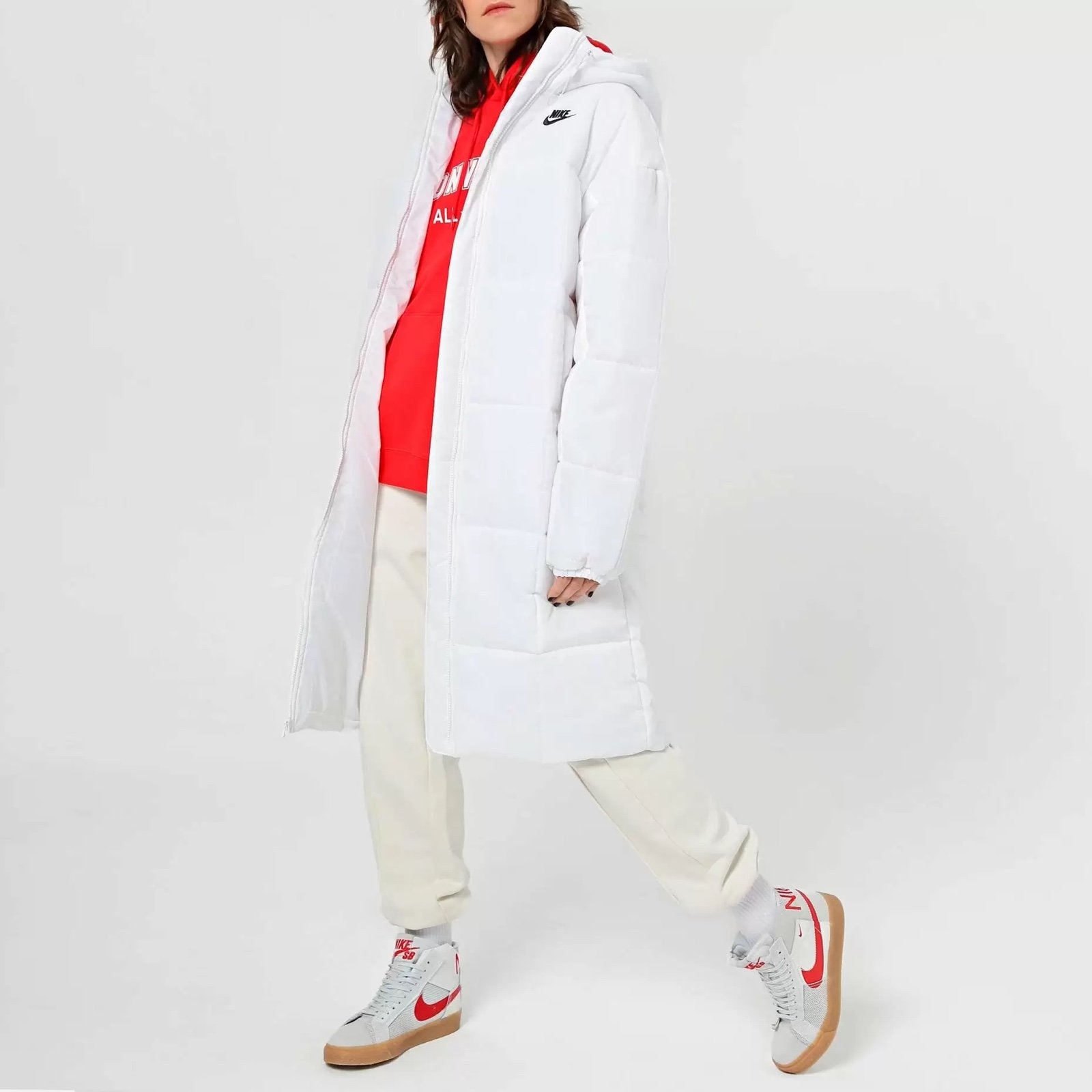 Nike Women's White Long Classic Puffer Therma-Fit Jacket Hooded ParkaFB7675-133