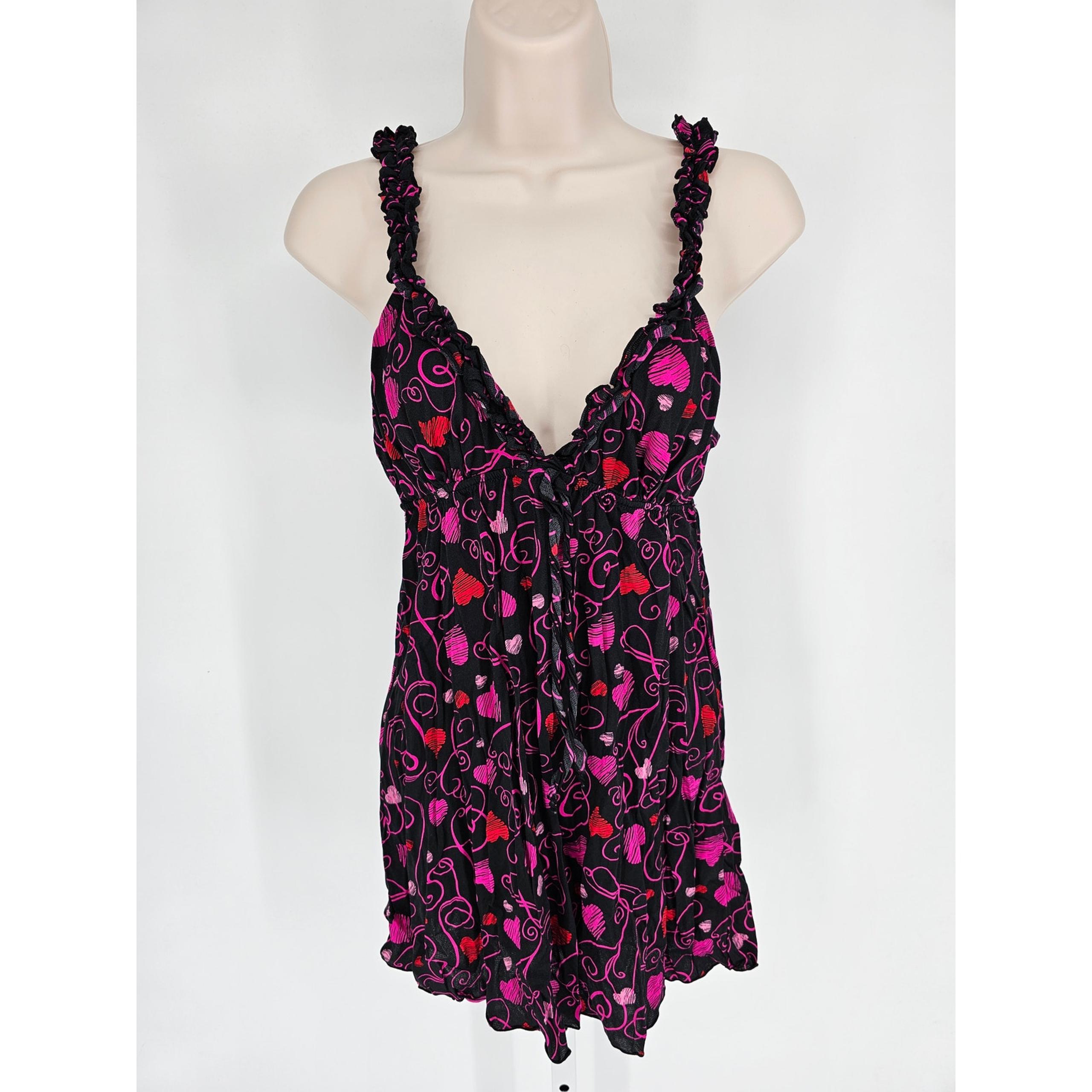 Vintage Y2K Smart & Sexy Womens Sz L Nightgown Black Bright Pink Hearts