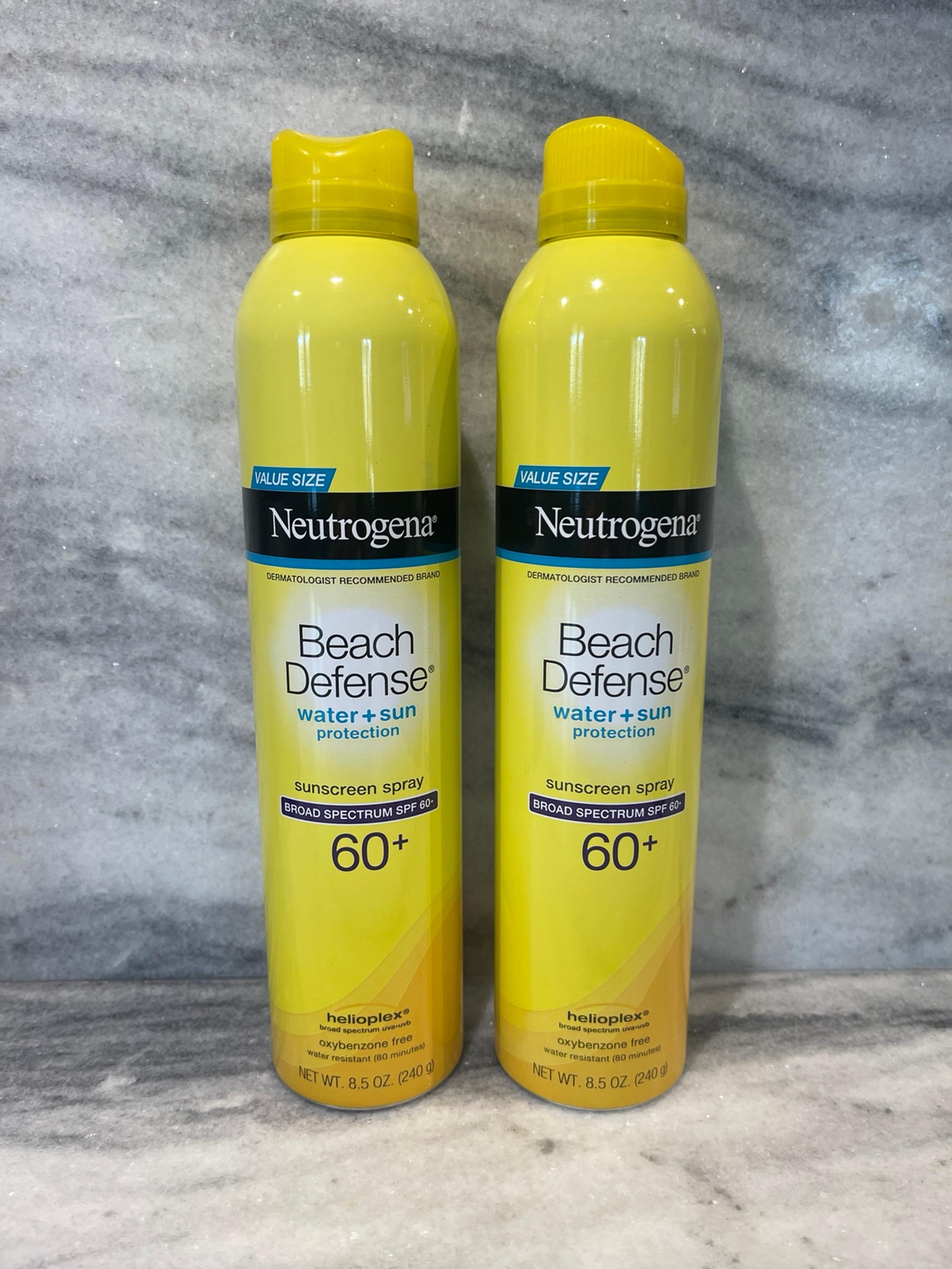 2 Neutrogena Beach Defense Sunscreen 8.5 OZ Spray Lotion SPF 60+