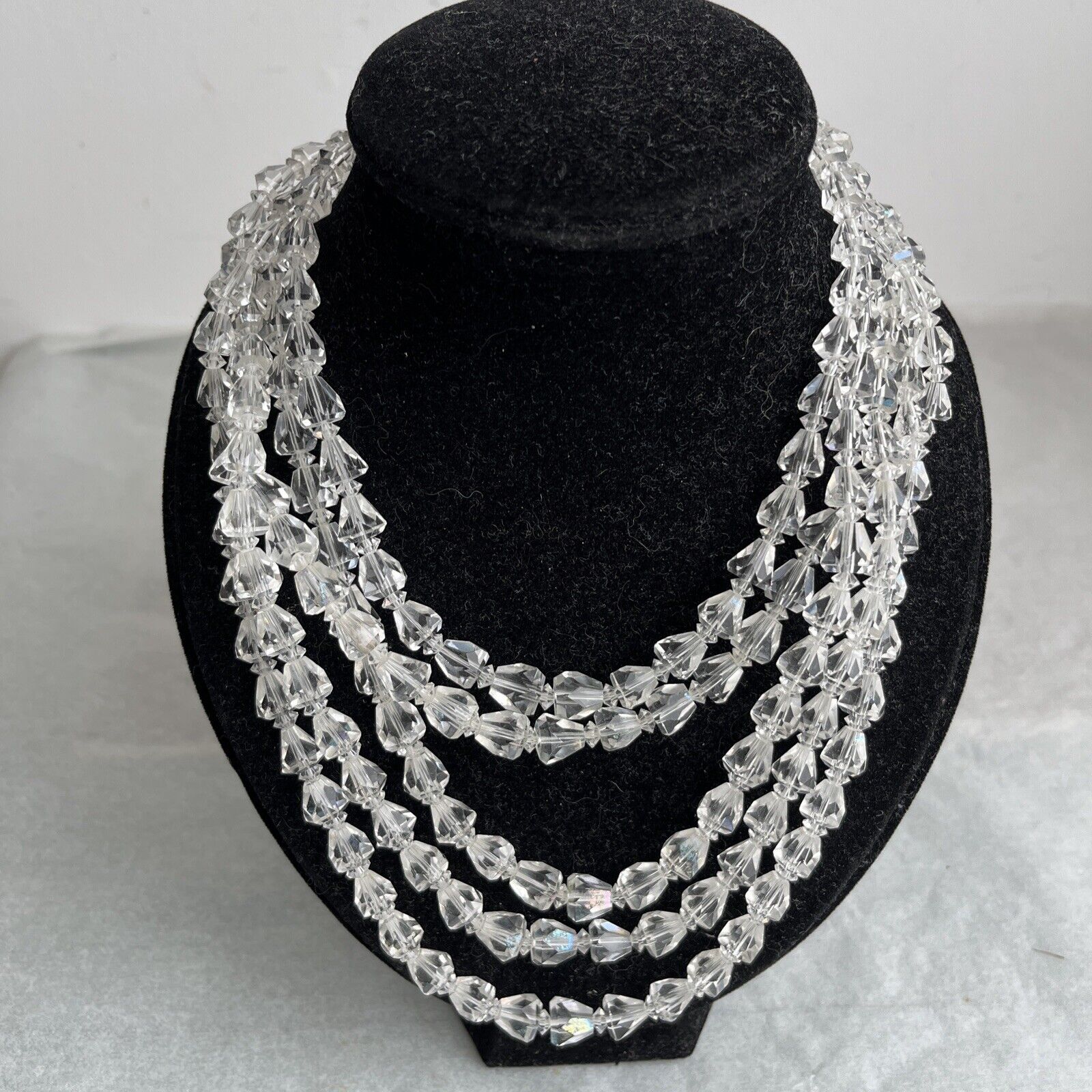 5 Strand Crystal Choker Necklace 14” Vintage Clear Aurora Borealis AB Beaded