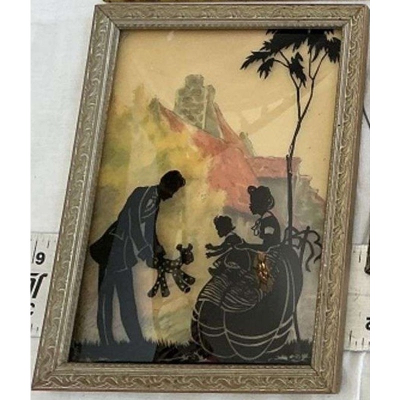 Antique Art Deco Silhouette Bubble Glass Art Painting Family Mother Father Child