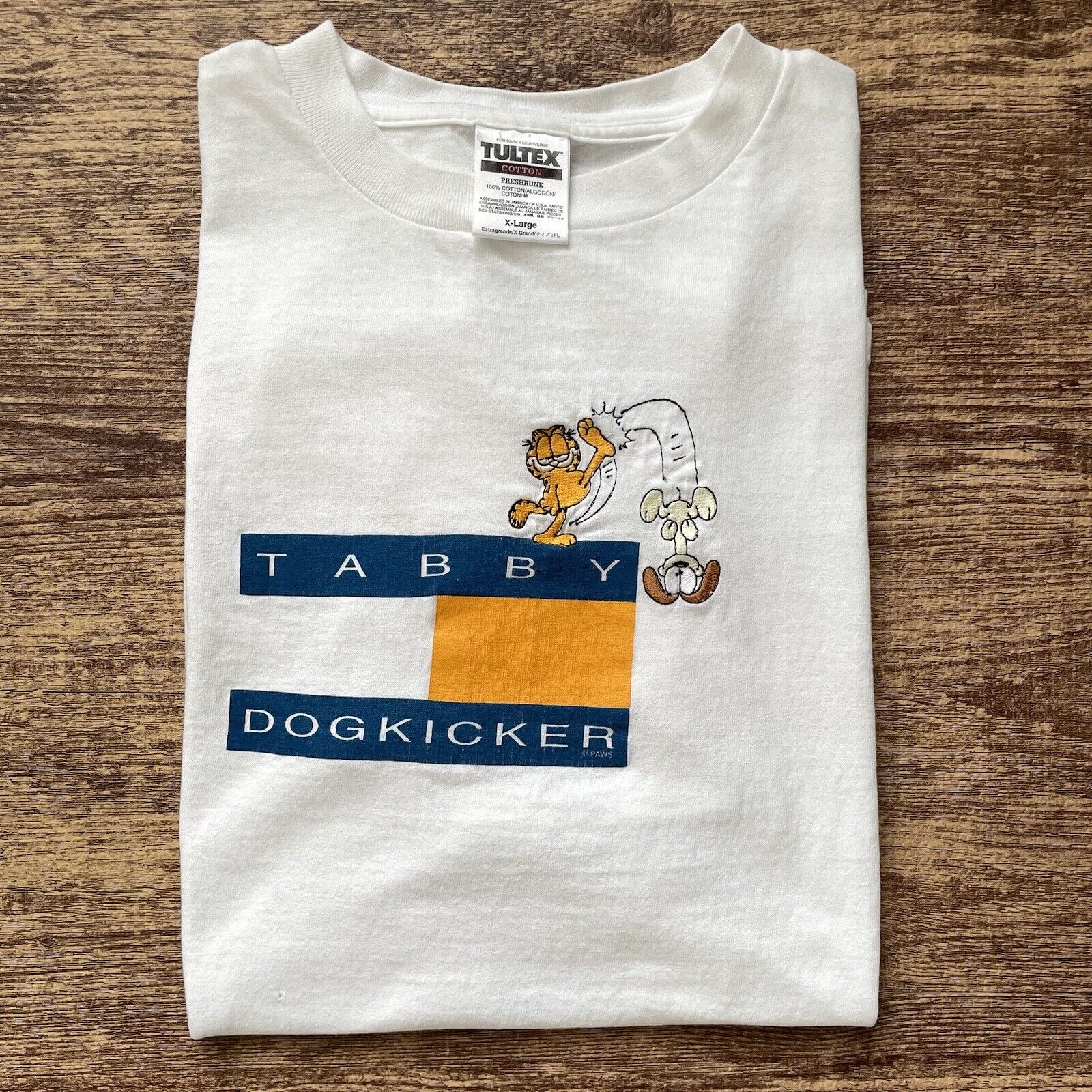 Vintage Tommy Hilfiger Garfield Tabby Dog Kicker White Graphic T-Shirt X-Large