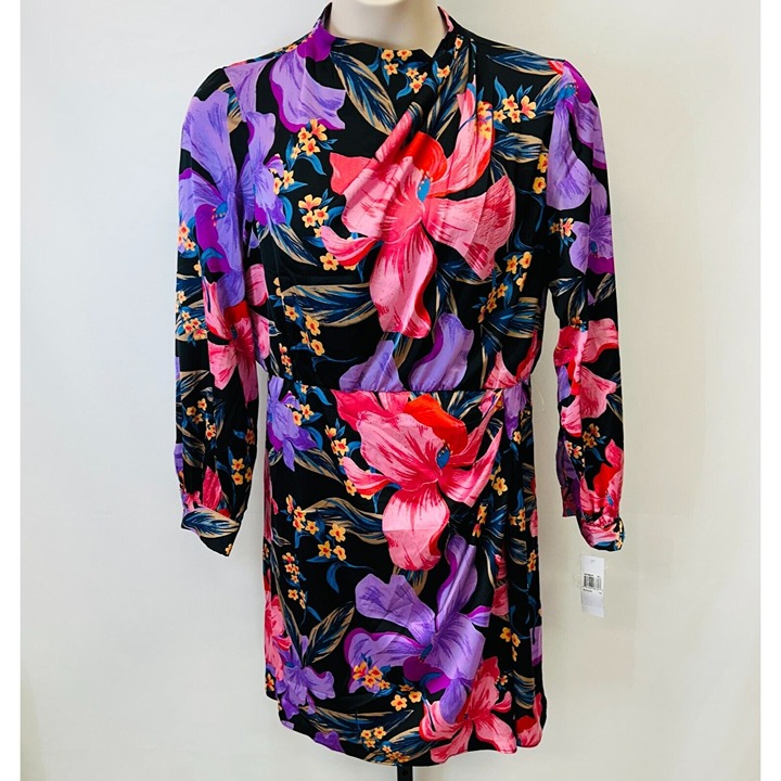 New Donna Morgan Floral Long Sleeve Dress Size 14 Lined High Neck Elegant