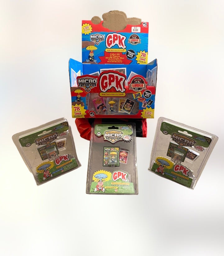 NOS garbage pail kids display box and series 1 micro figures 4 pack bundle