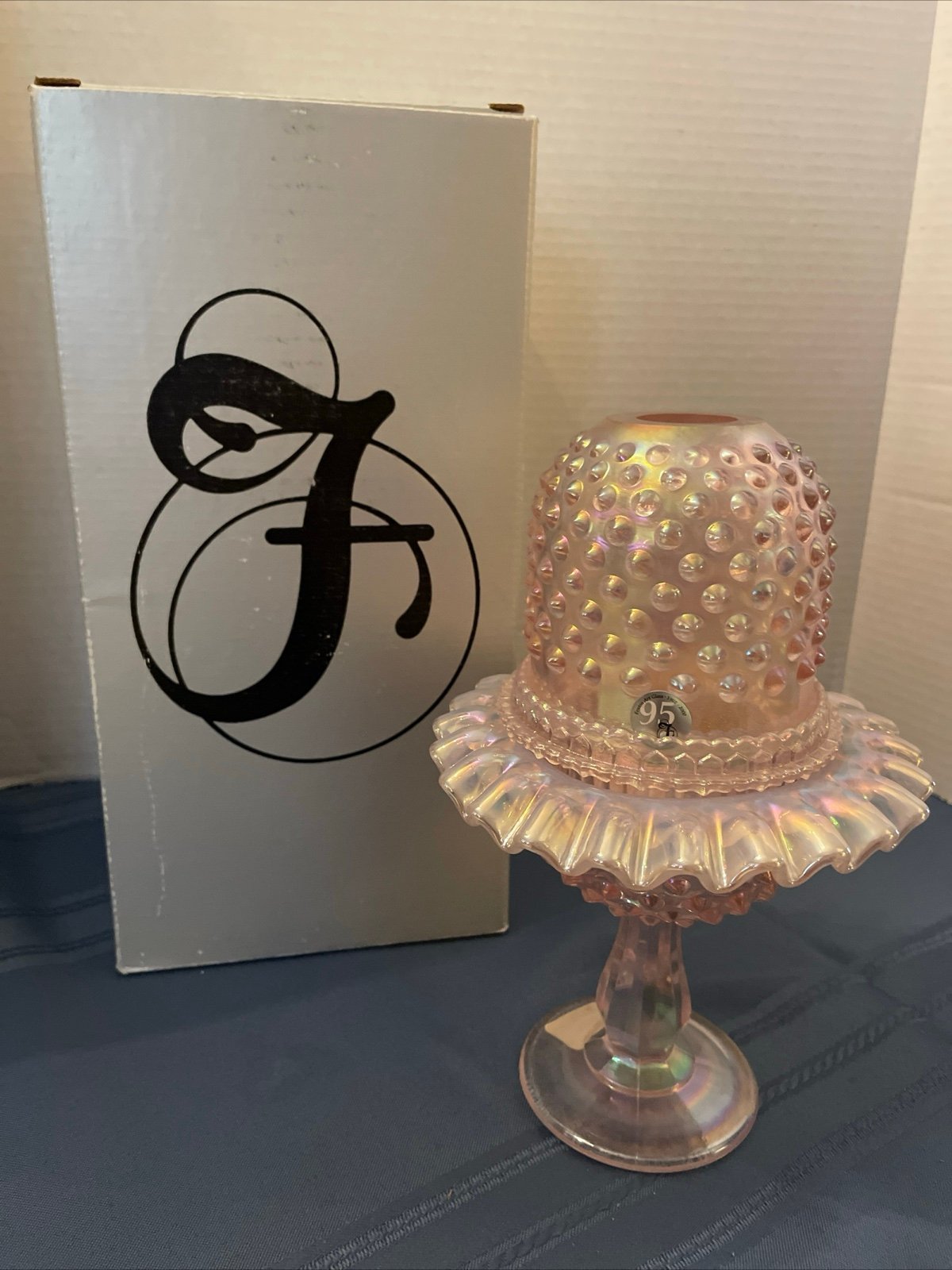Vtg Fenton Pink 95th Carnival Glass Hobnail Snow Crest 3 pc Fairy Lamp w/ Box 9”