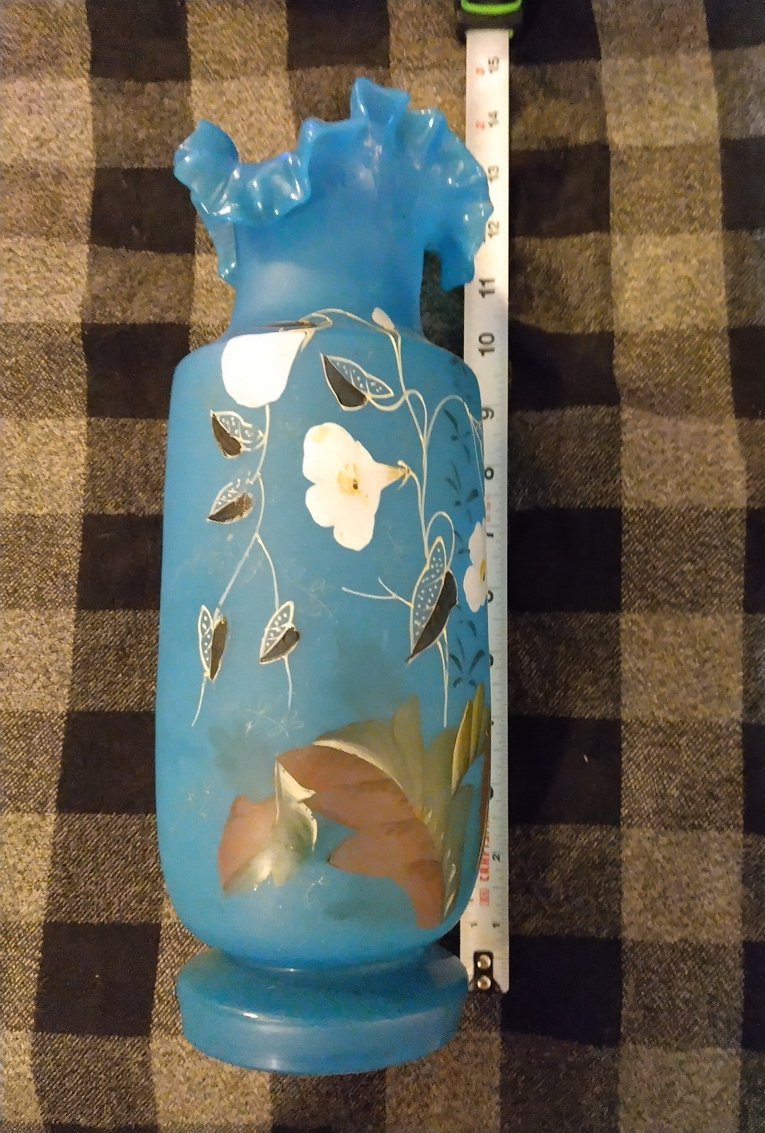 FENTON RARE Frost Glass Blue Hand Painted 12 Vase