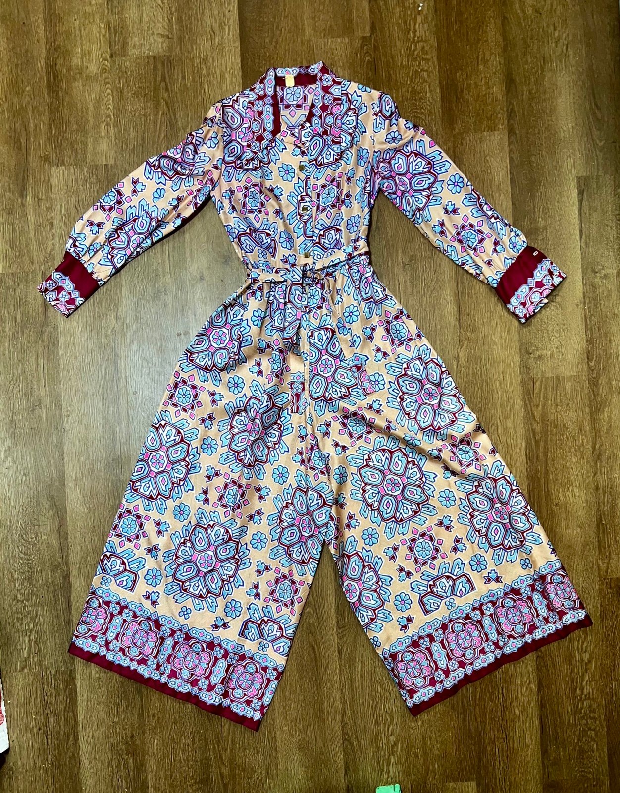 Vintage 1970s Jumpsuit Romper Psychedelic Elephant Bell Palazzo Wide Leg S/M