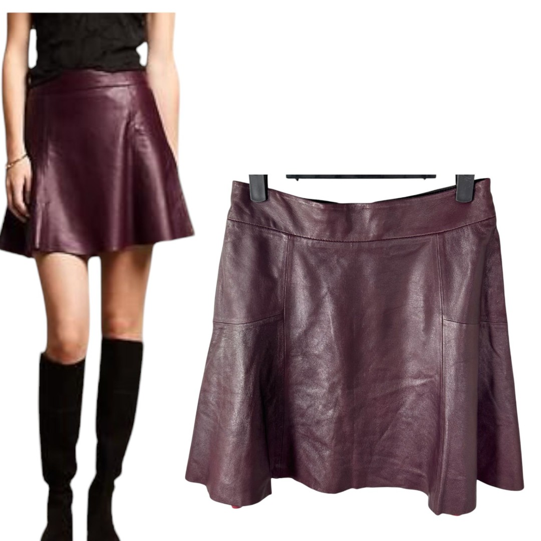 Banana Republic Burgundy Maroon Fit and Flare Skater Lamb Leather Skirt Size 0