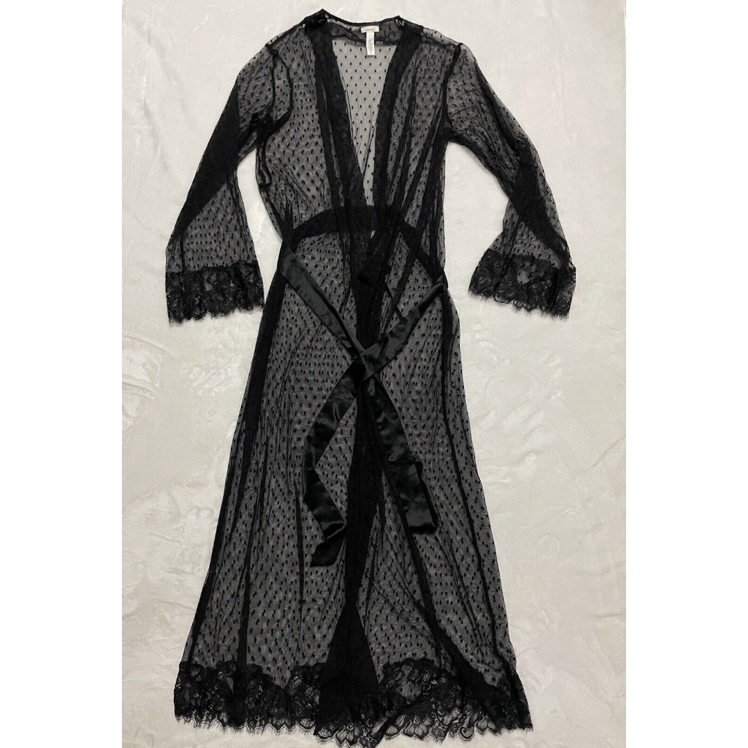 Soma Womens Polka Dot Mesh Tulle Lace Robe with Tie Black Size S/M