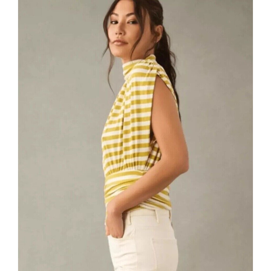 Anthropologie Maeve Women Medium Ruche Mock-neckYellow/White Striped Muscle Tee