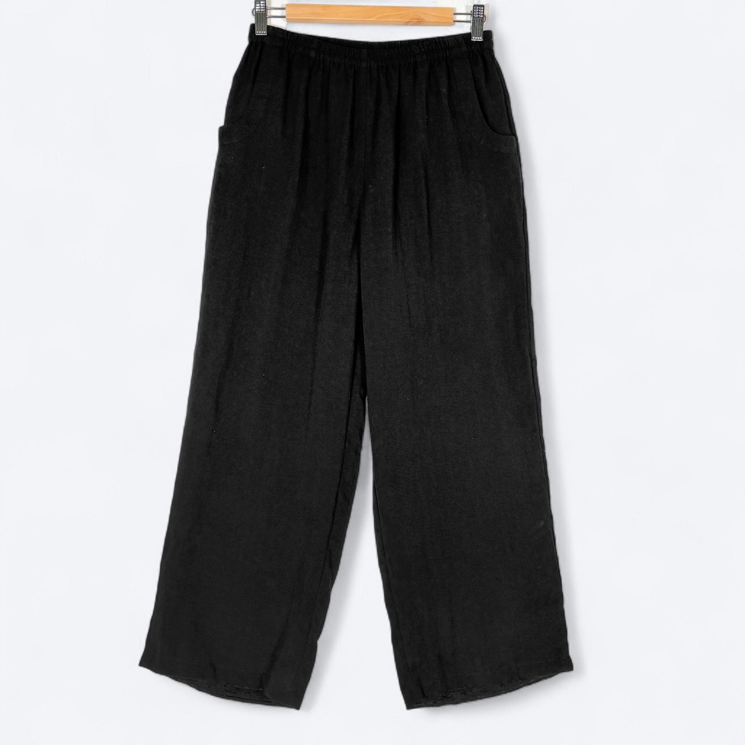 VTG 90s Fridaze 100% Linen Lagenlook Pants Women's M Black Wide Leg Casual