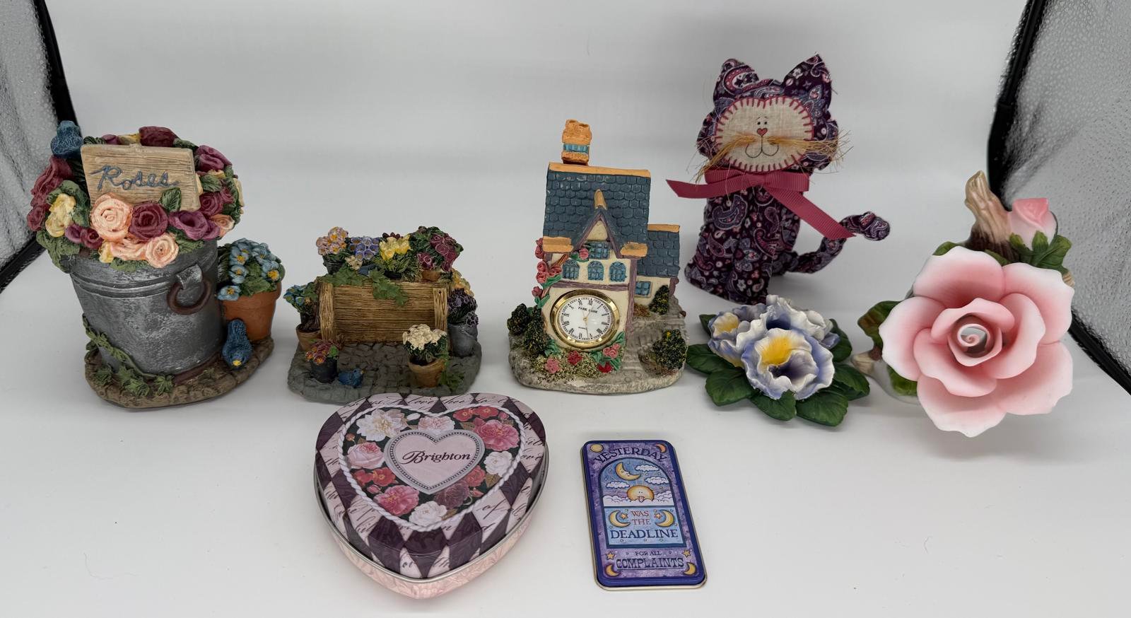 Whimsical Cottage Decor Lot Mini Homes, Flowers & Cat Doll