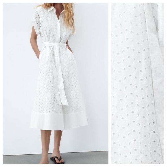 NWT. Zara White Embroidered Eyelet Belted Midi Dress. Size S.