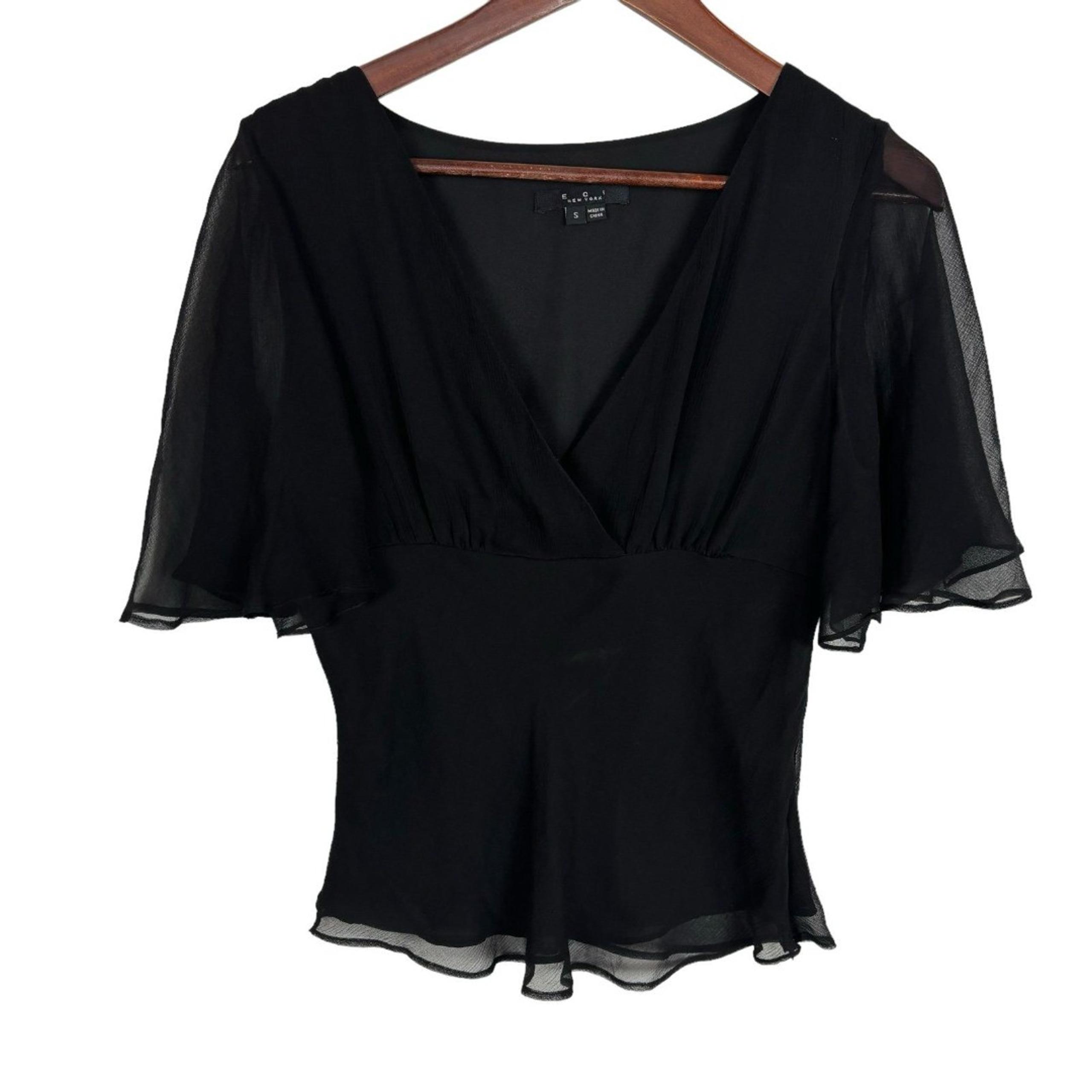 ECI New York Black Semi-Sheer Short Sleeve Blouse Women's Small V-Neck