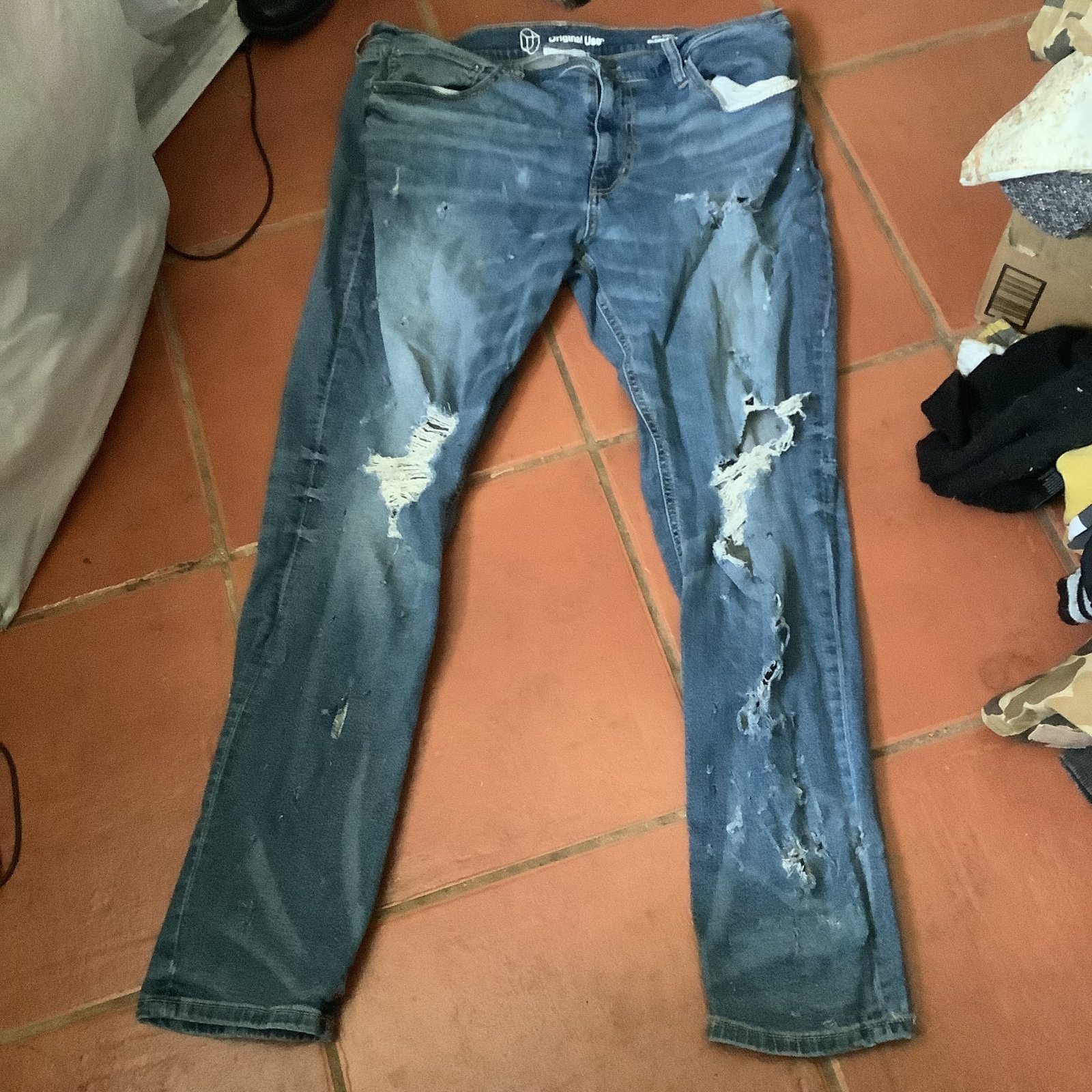 Neverhappy “reuse “ pants slim taper distressed jeans size 36 x 32 on a original