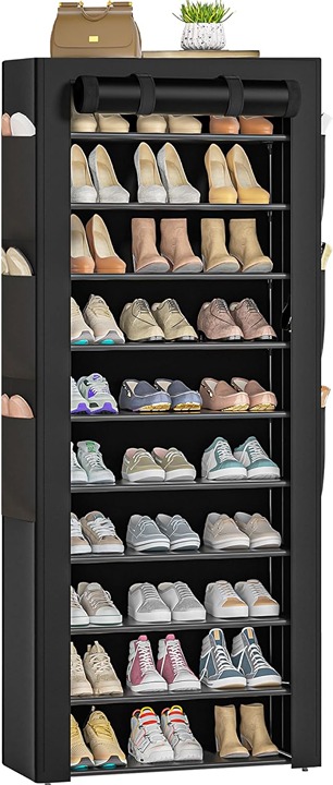 Large Shoe Rack Black 6 Side Pockets 23.6 Wide x 11.4 Deep x 68.9