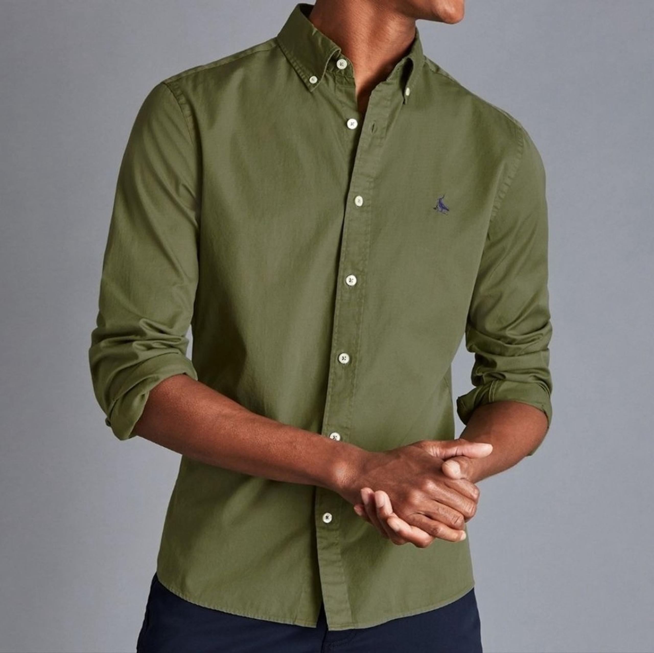 Mens Charles Tyrwhitt Olive Collar Washed Fine Twill Shirt Slim Casual Button up