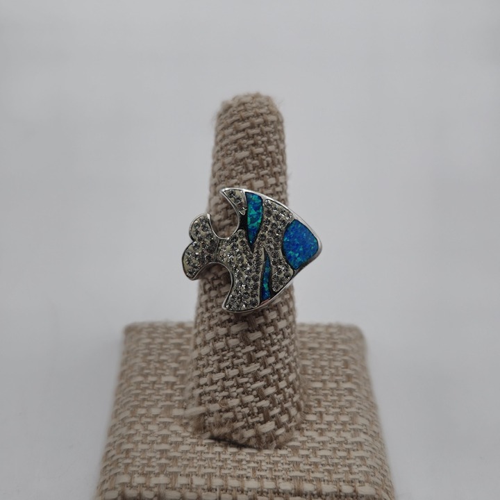 Size 7 Sterling Silver Blue Opal And Crystal Tropical Fish Ring A3273
