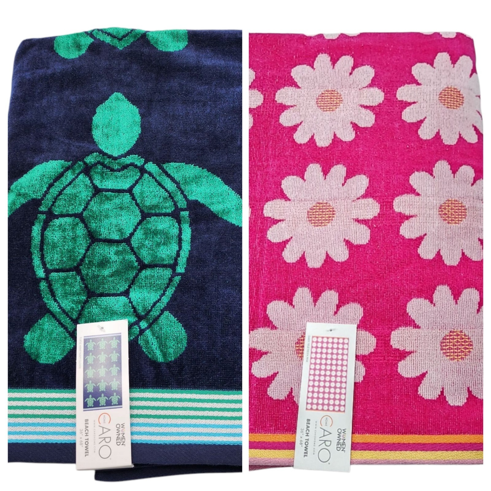 Caro Home 2pc Absorbent Pool And Beach Towel Set Daisy And Turtle Design 36x68