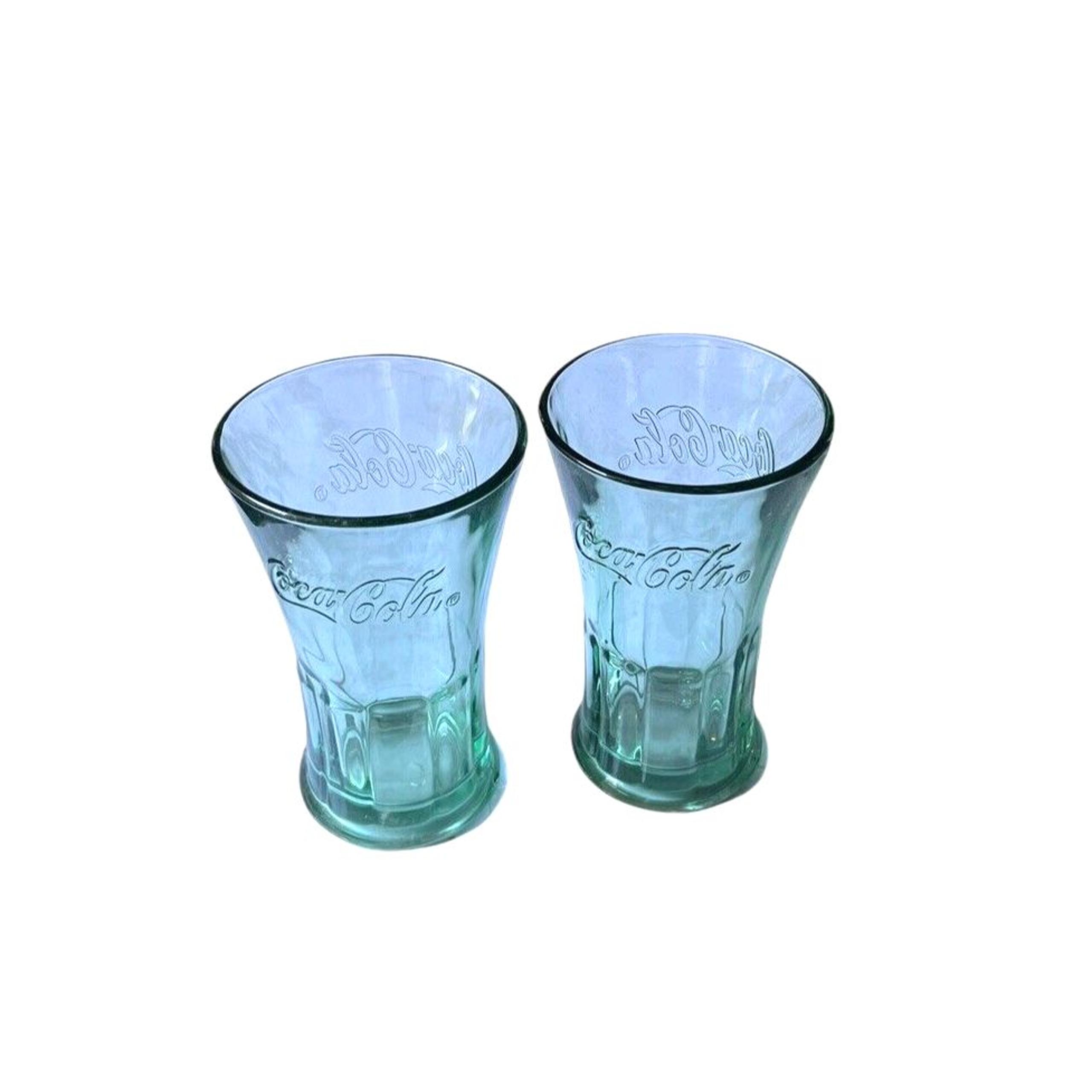 Set of 2 COCA-COLA 16oz Libbey Heavy Green Fluted Soda Drinking Milkshake Glass