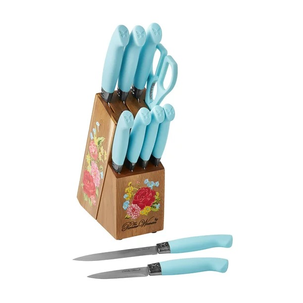 The Pioneer Woman 11-Piece Stainless Steel Knife Block Set, Light Blue