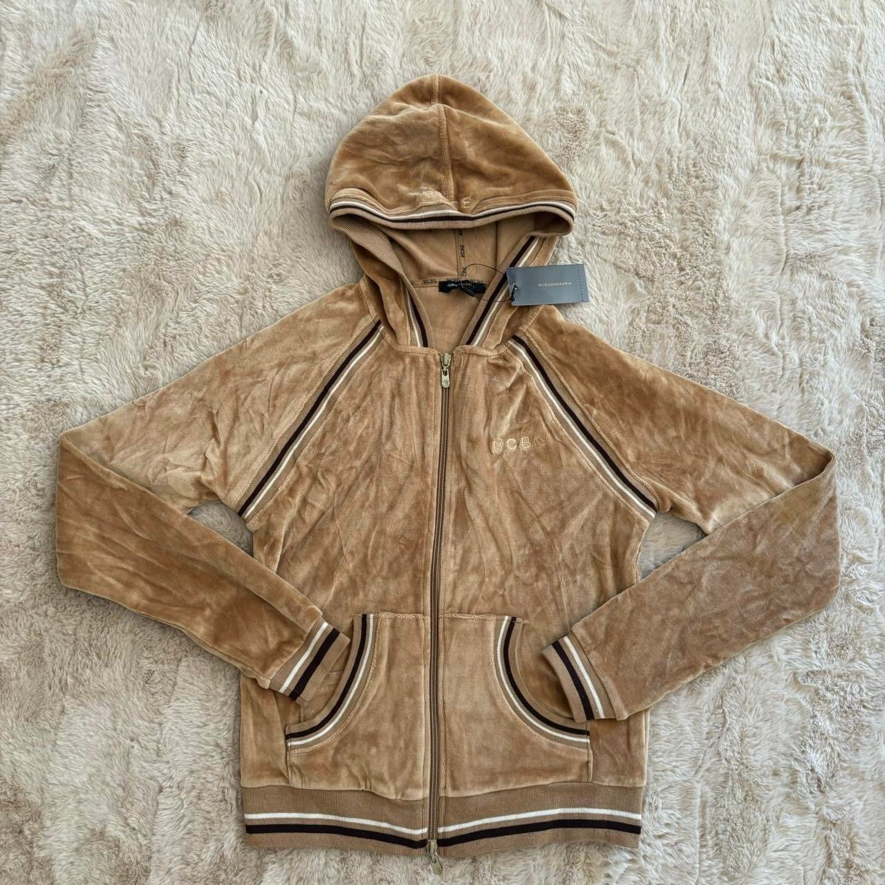 BCBG tan velour hoodie with stripes and pockets y2k 2000s Brand new Size Medium