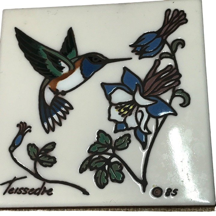Cleo Teissedre 1985 Pottery Tea Tile Trivet Hummingbird Art Signed Vintage