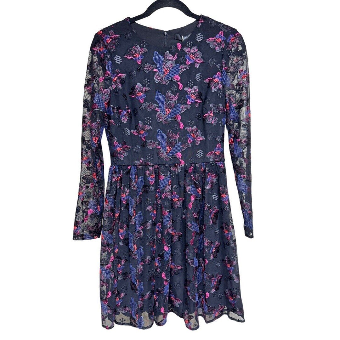 Badgley Mischka Floral Embroidered Sheer Long Sleeve Cocktail Dress Women’s Sz 4