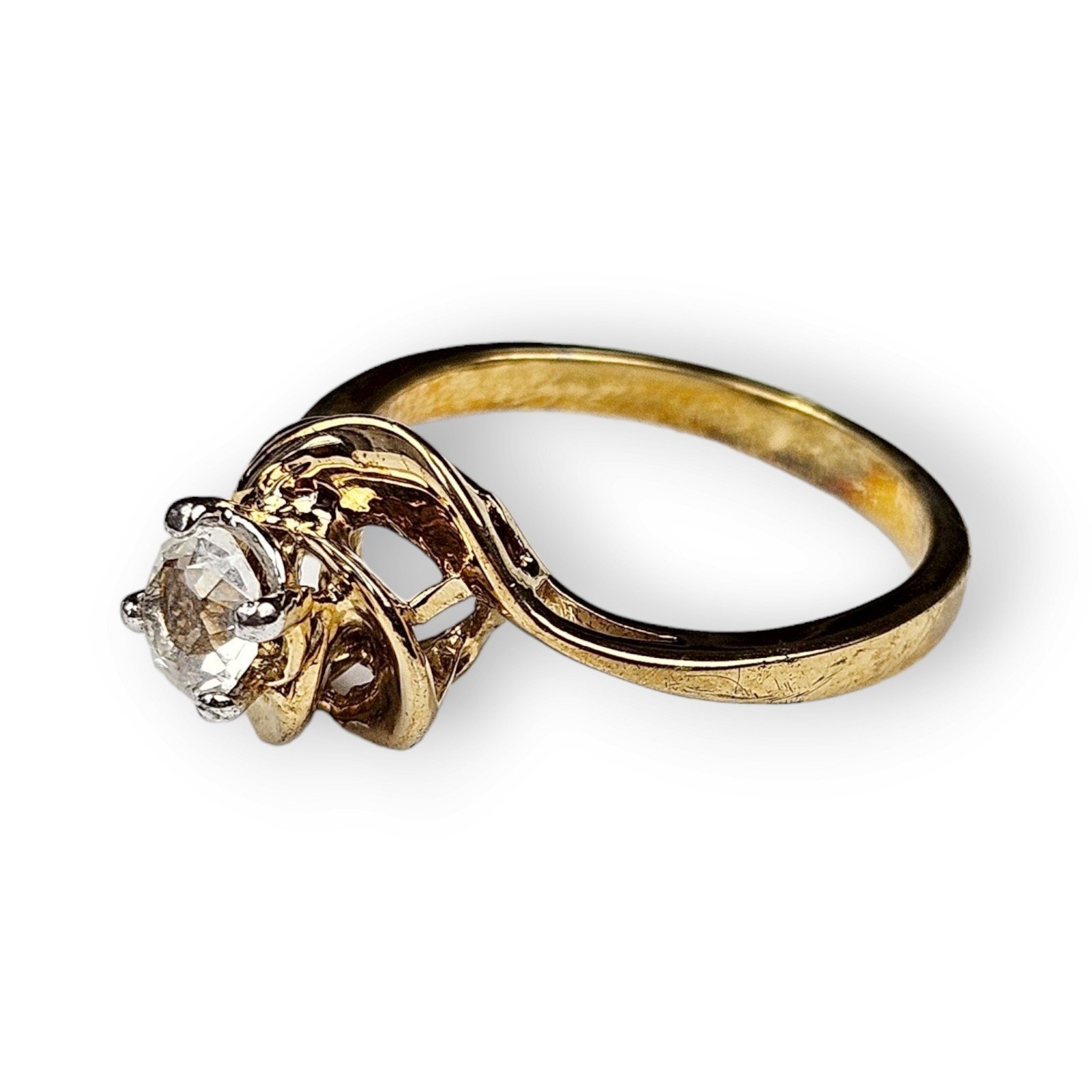 Solitaire White CZ Bypass Ring High Profile Gold Filled Pinwheel Vintage 7.75