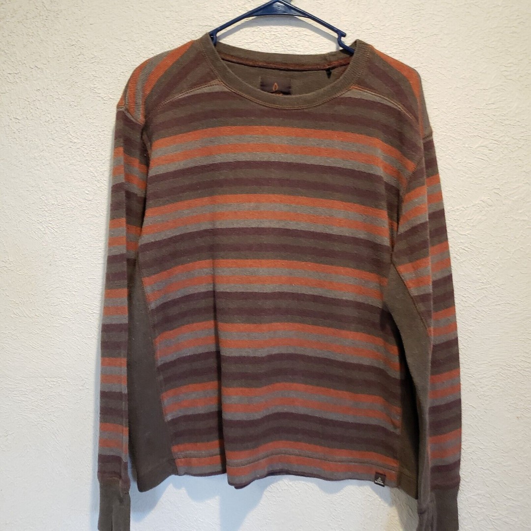 Prana Logo Breathe Cotton Hiking Outdoorsy Pullover Crewneck Brown Striped Med