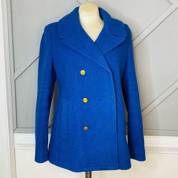 J Crew Majesty Stadium Cloth by Nello Gori Cobalt Blue Wool Pea Coat Size 16