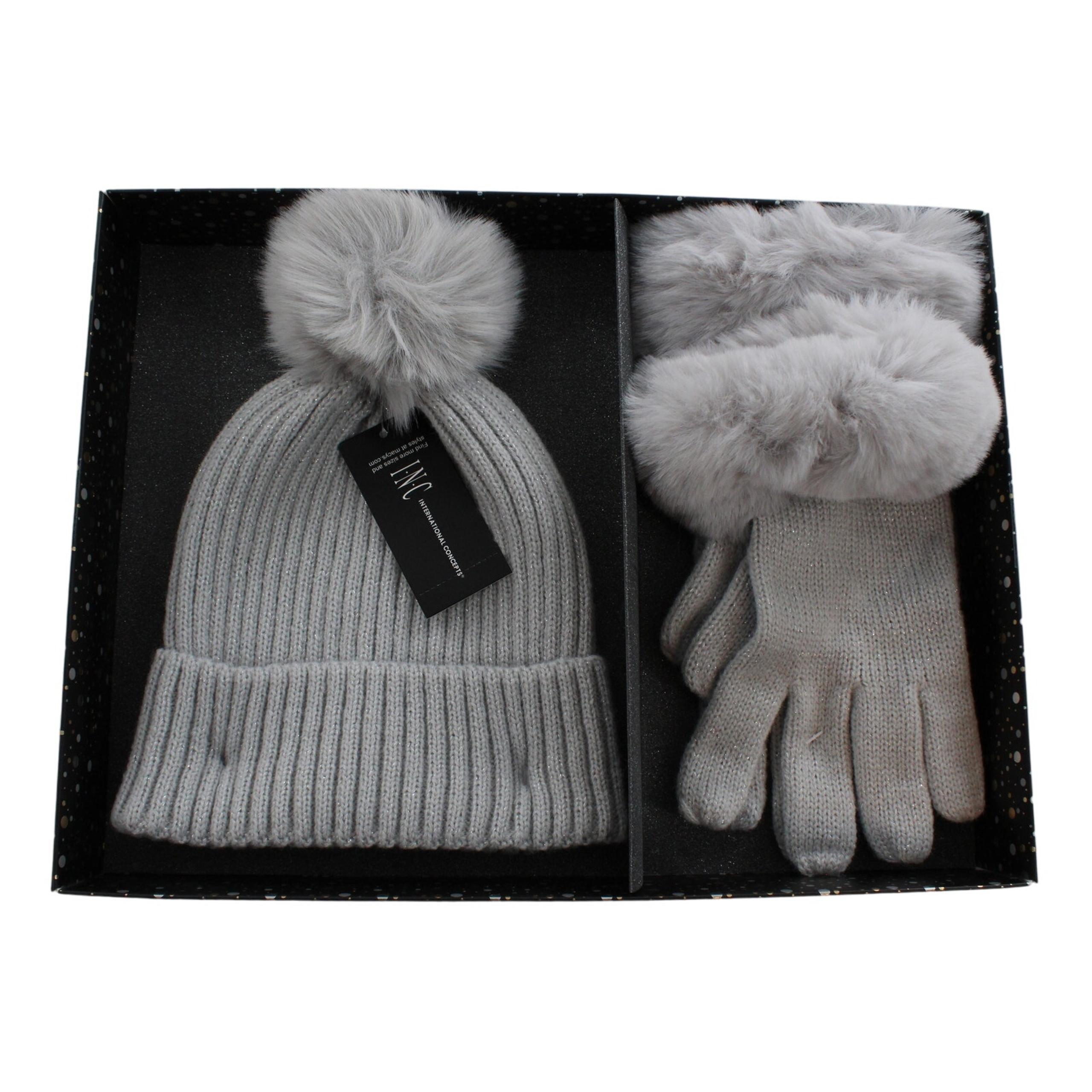INC International Concepts Faux Fur Gray Beanie Hat & Gloves Gift Set #GS004
