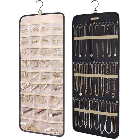 New Hanging Jewelry Organizer, Double-Sided Storage Roll for Earrings - Black