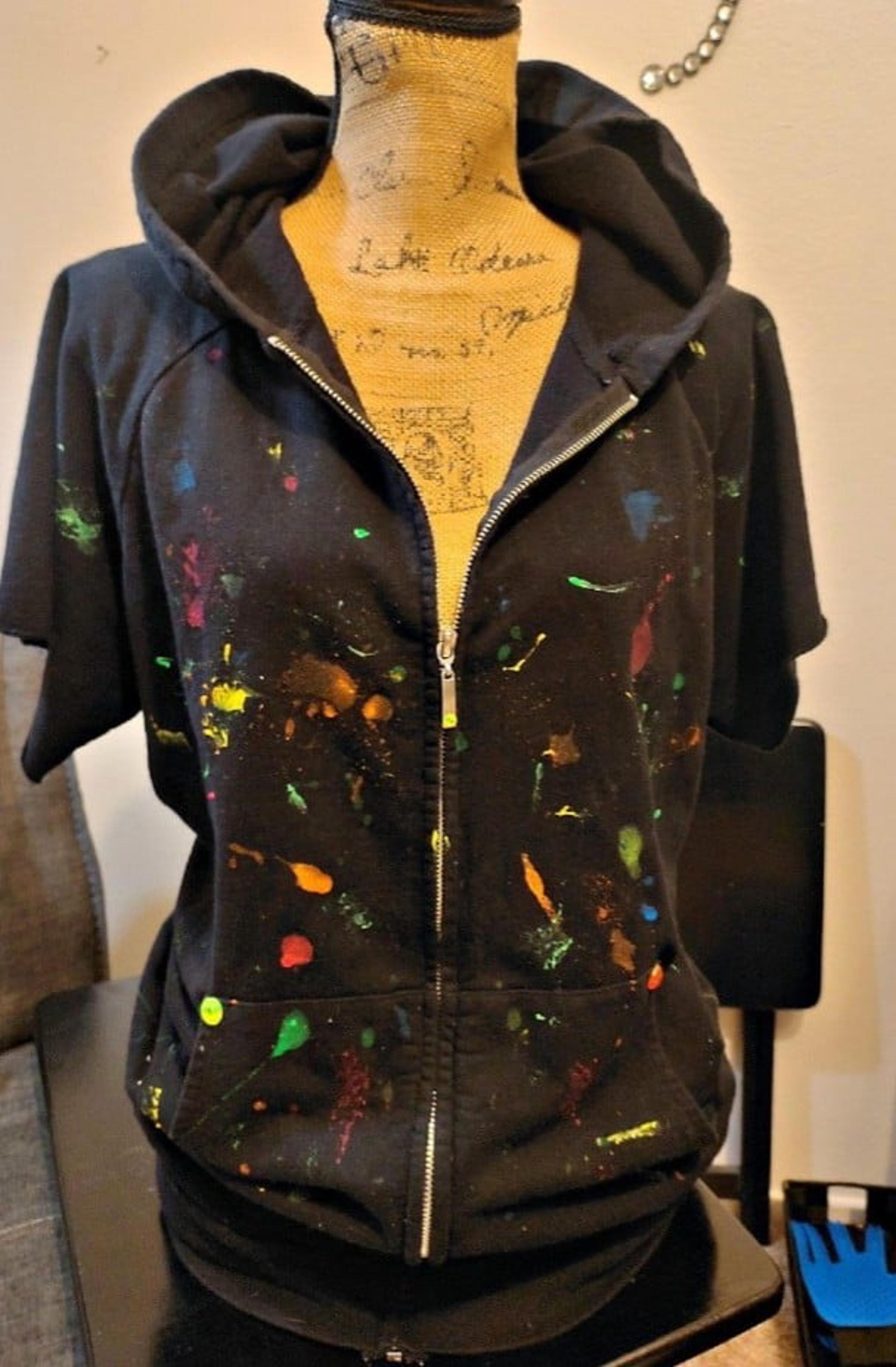 Black Neon 80's Graffiti Paint Splatter Short Sleeve French Terry Zip Up Hoodie