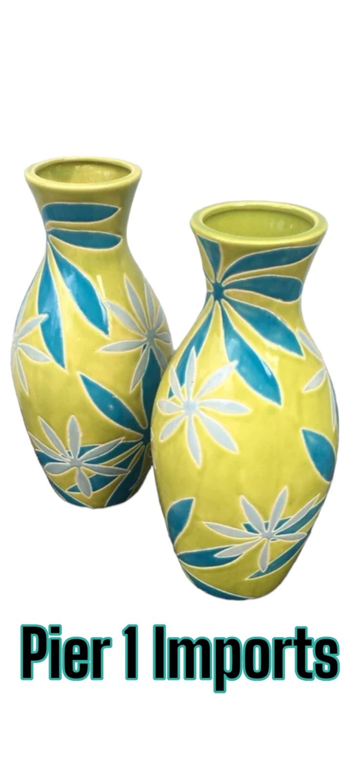 Pier 1 Imports Tropical Print Lime Green & Teal Vases (2) Home Decor Accent