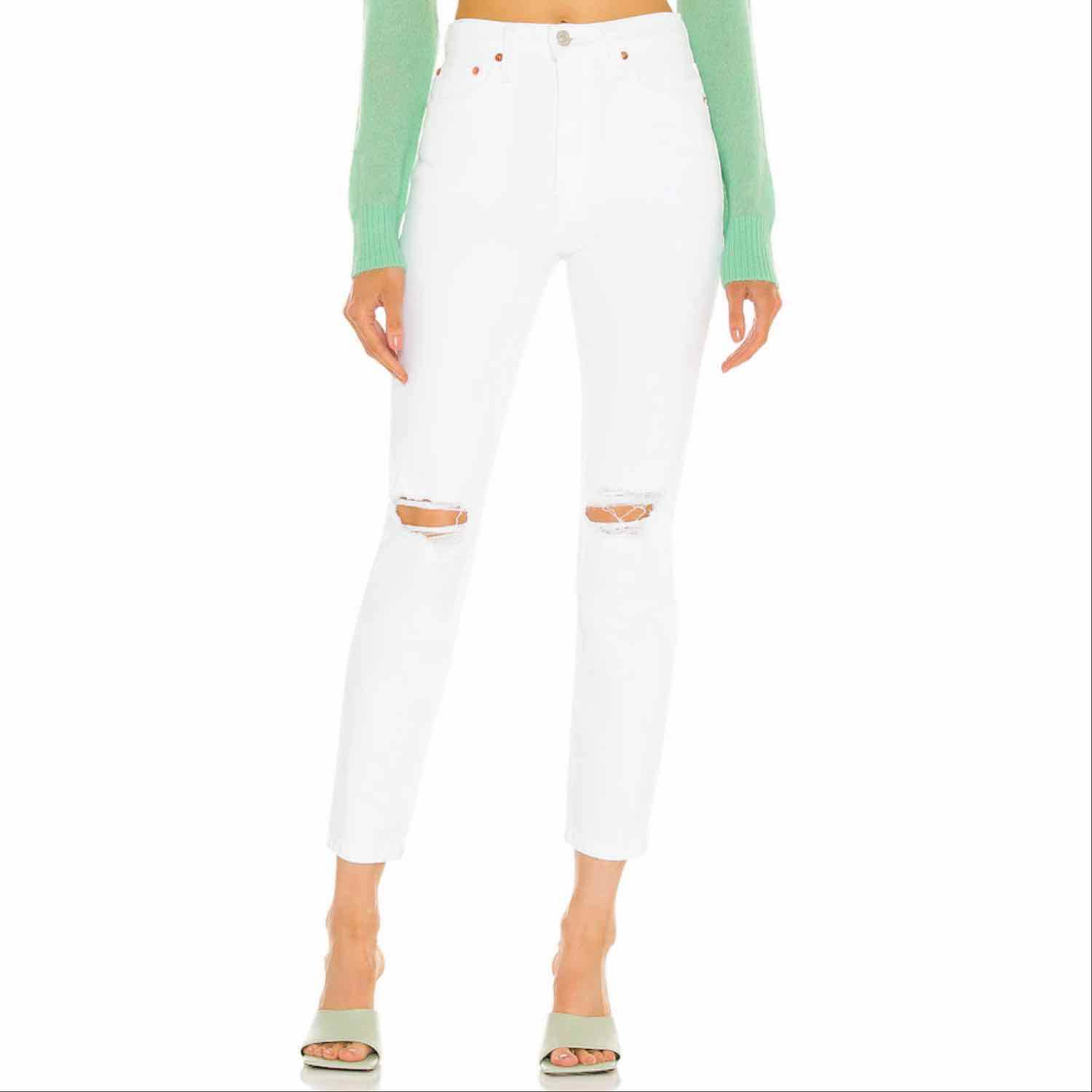 Redone 90s High Rise Ankle Crop Jeans in White Destroy Size 26 Size 30
