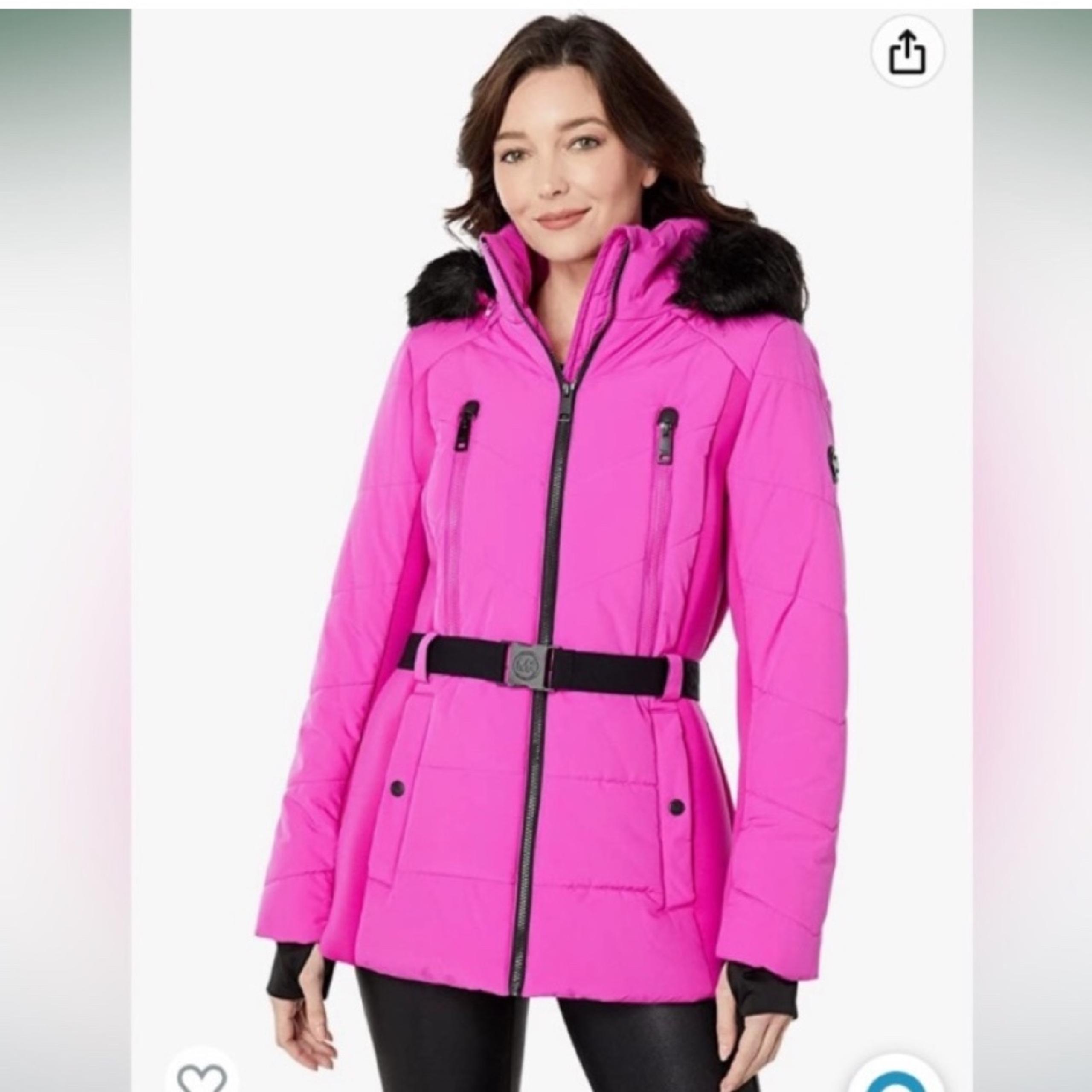 Womens Michael Kors Short Belted Puffer Coat with Fur Trim Hood