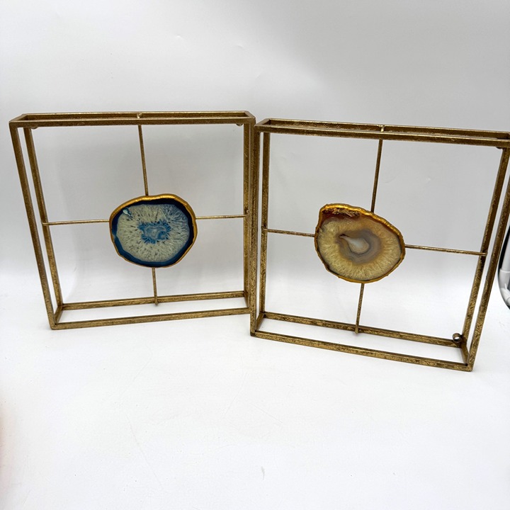 Gold brass look Metal Frame With Agate Slice Wall Decor Set Of 2 blue tan gray