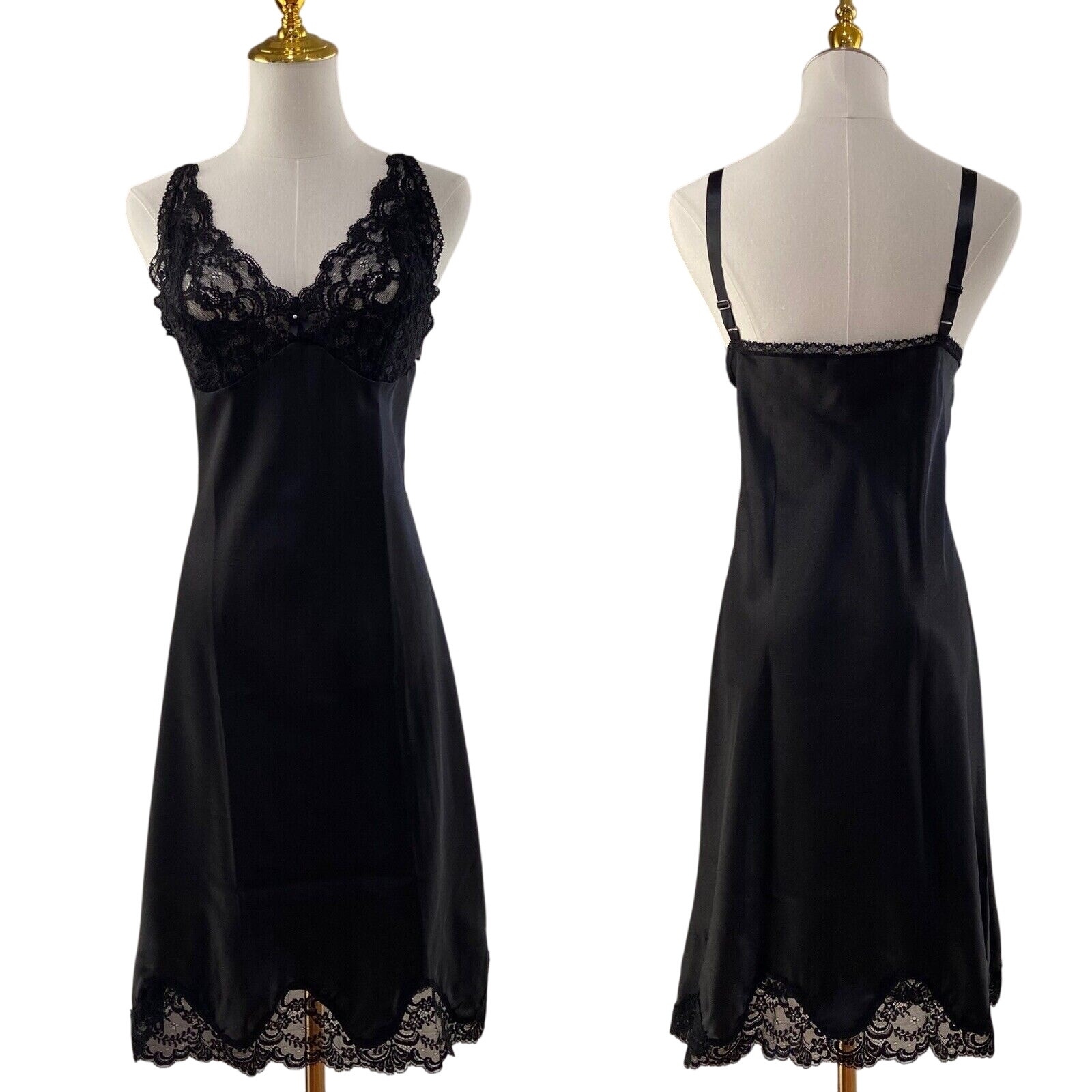 NEW Vintage 90s Wondermaid Black Lace Satin Full Slip Dress Women’s Size 38