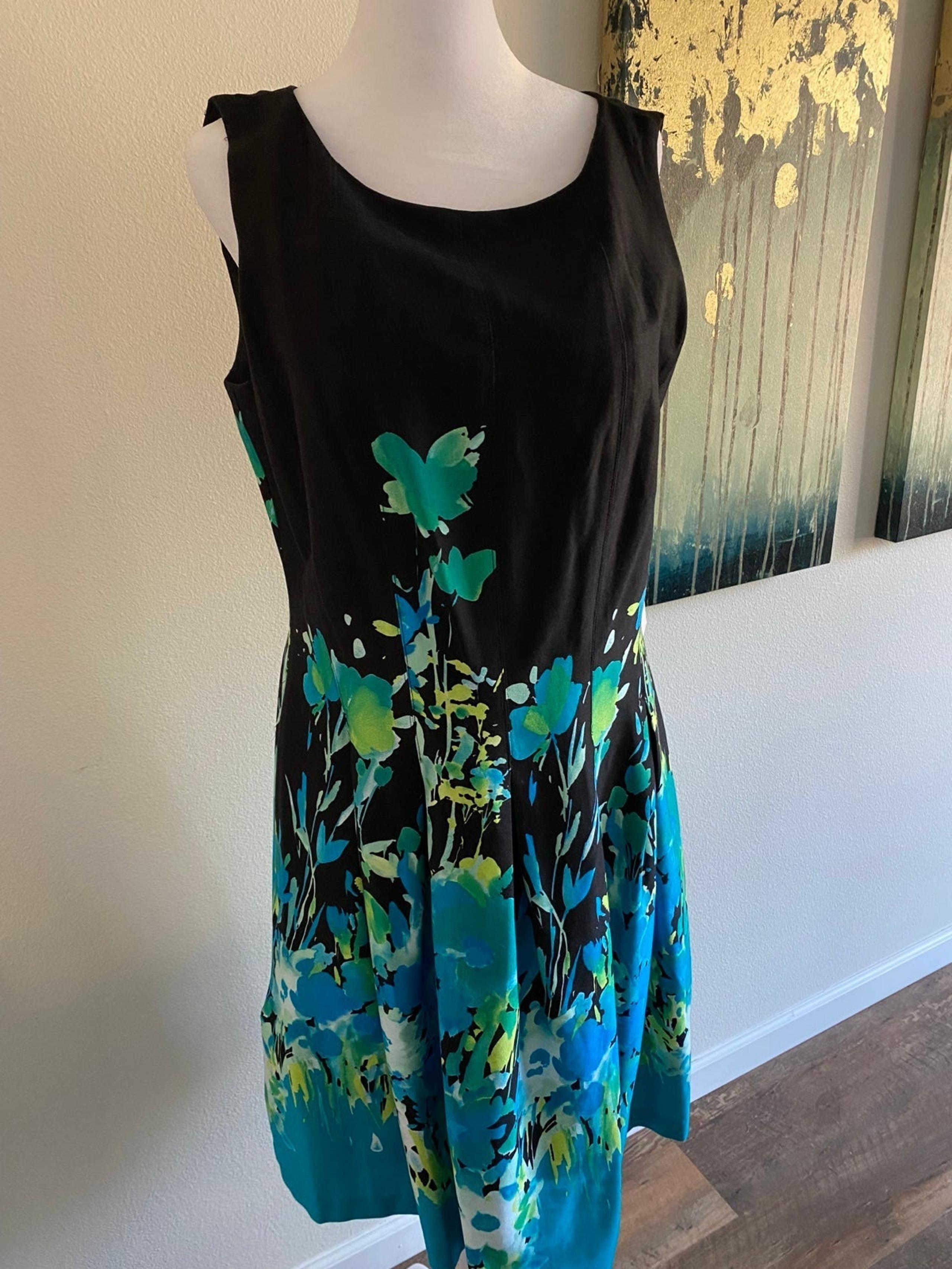 NWT Women's Chetta B black and turquoise knee length dress, size 14