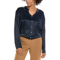 NEW Donni Navy Satiny Button-Down Mandarin Shirt Sz Small