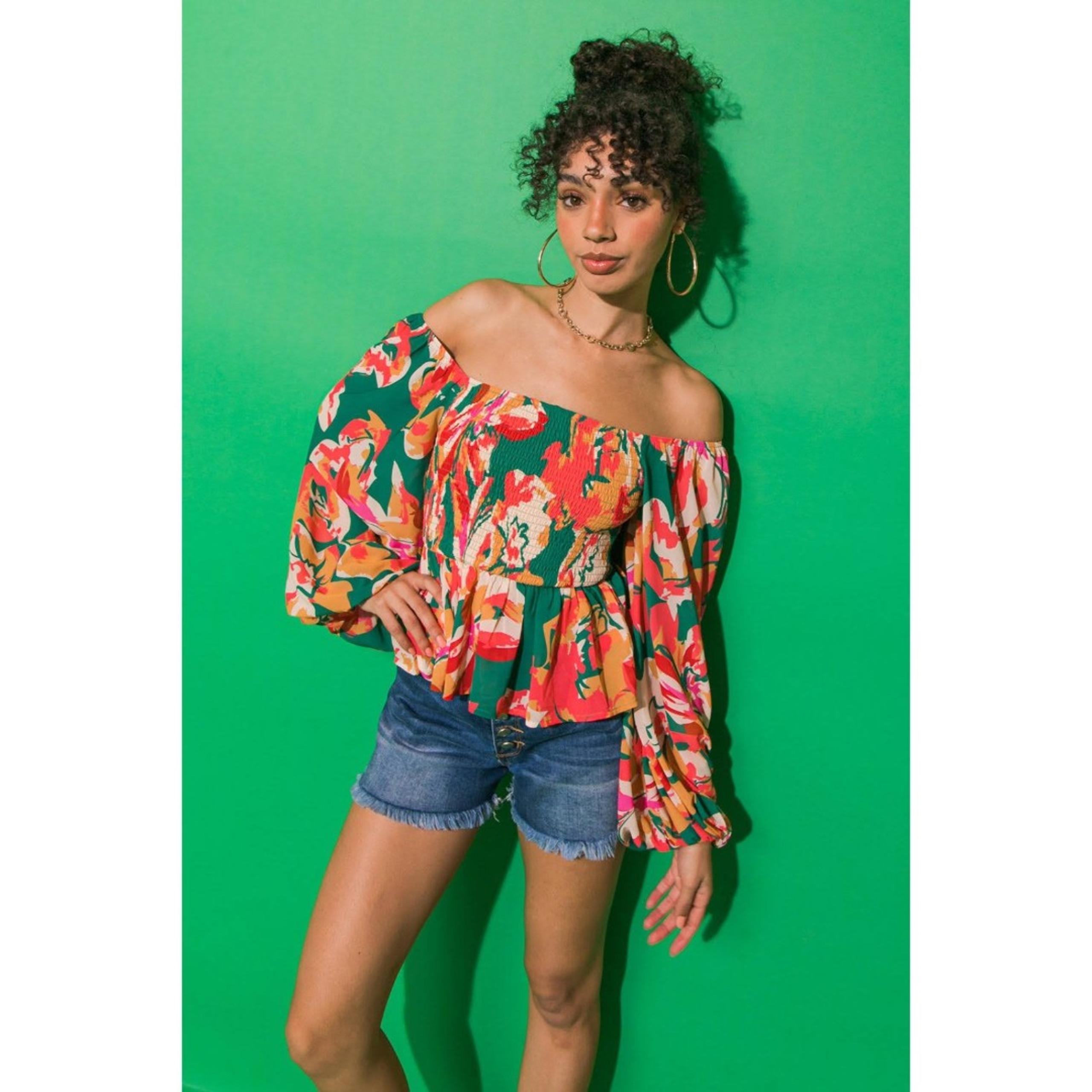 TAKE ME THERE GREEN SMOCKED BUST FLORAL BLOUSE pink lily medium