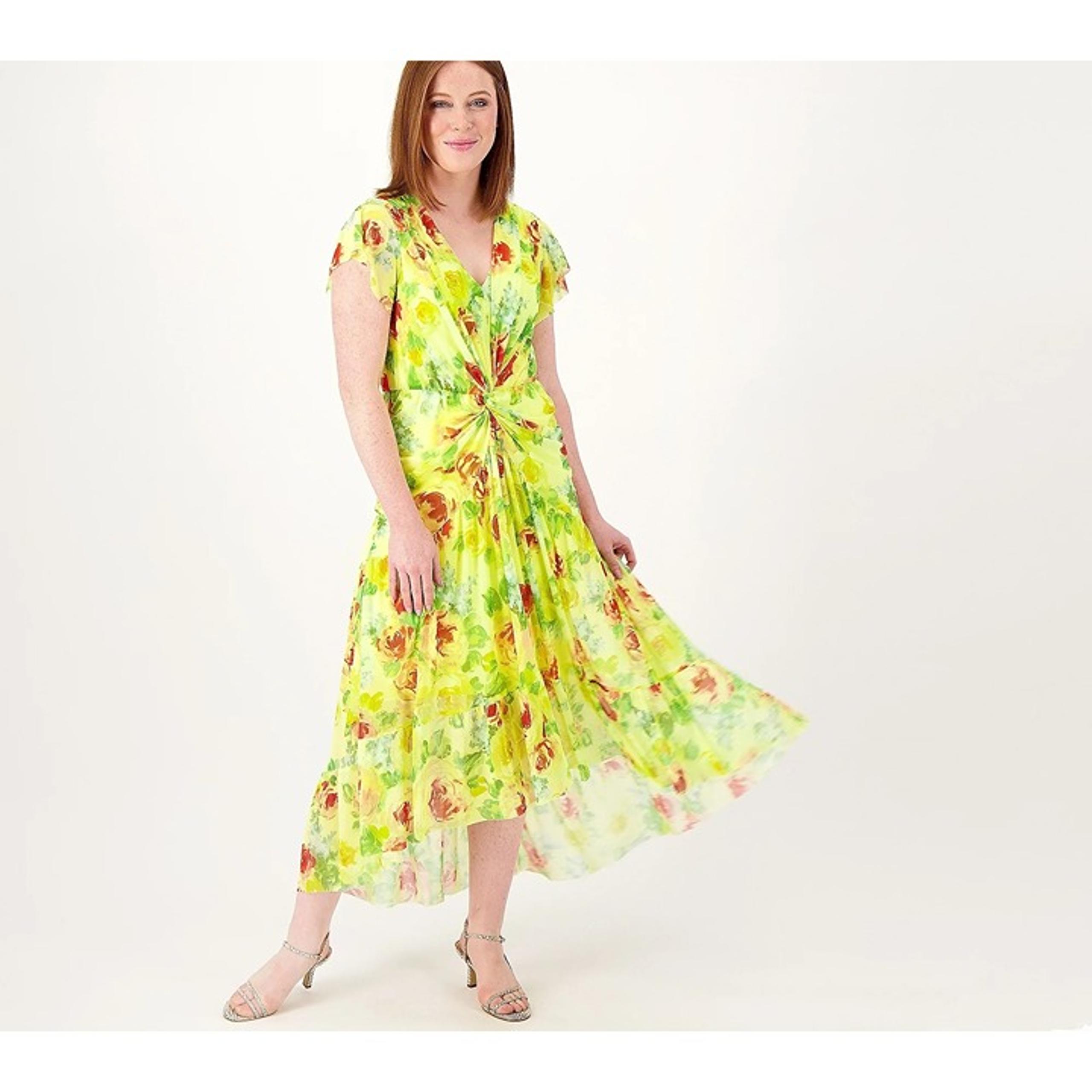 Isaac Mizrahi Live Regular Always Isaac Printed Mesh Midi Dress Yellow Size 1X