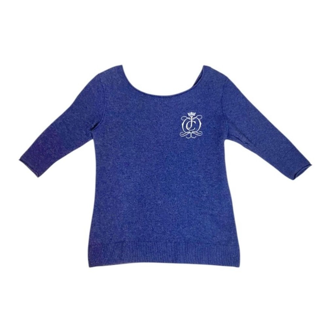 Juicy Couture Y2K 3/4 Sleeve Monogram Embroidered Blue Wool Blend Knit Sweater