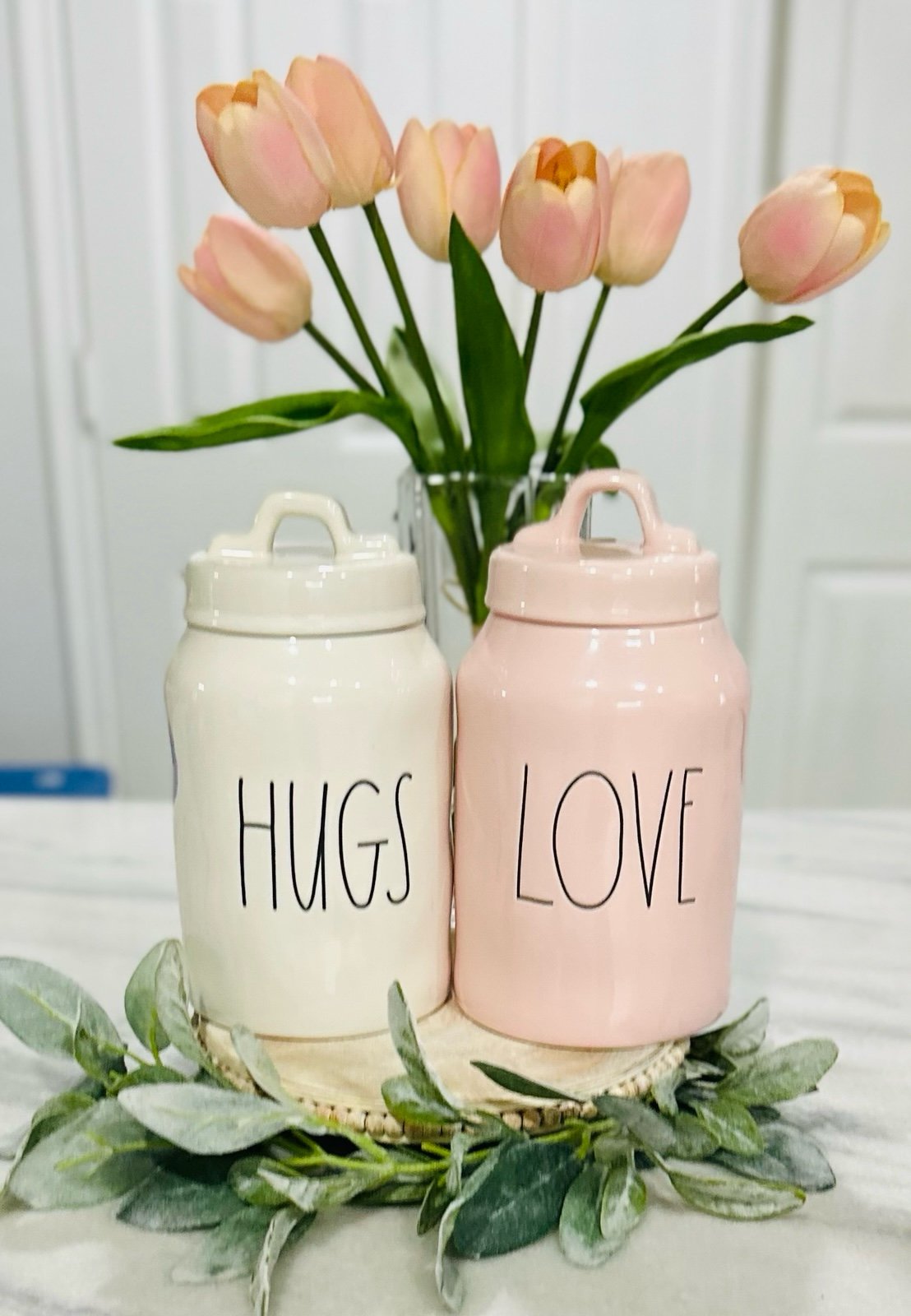 Rae Dunn Hugs and Love canisters