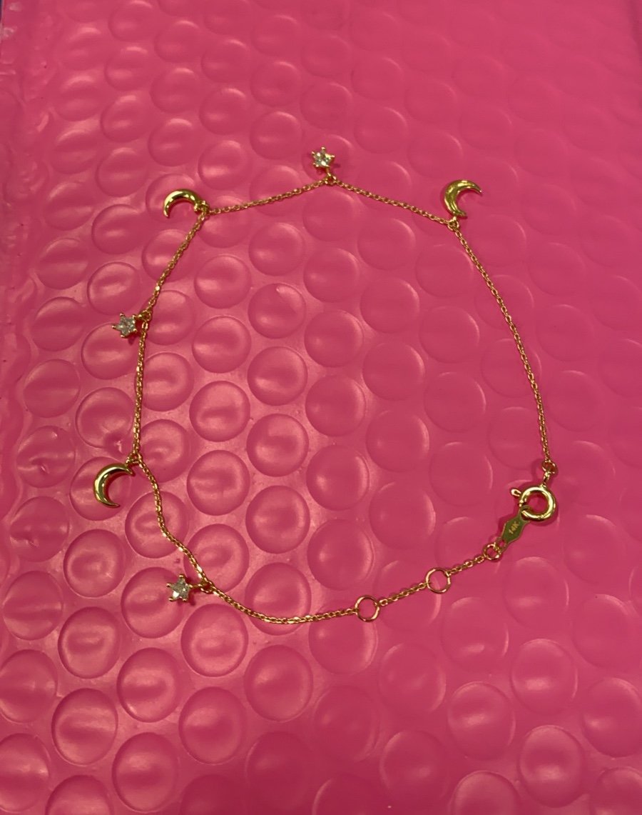 14K Solid Gold Crescent Moons & Stars CZ Bracelet
